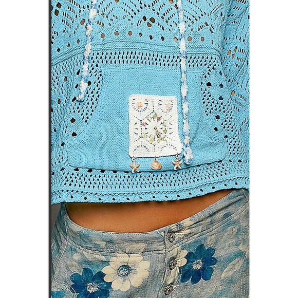 POL. Aqua Crochet Hooded Sweater - Picture 3 of 6